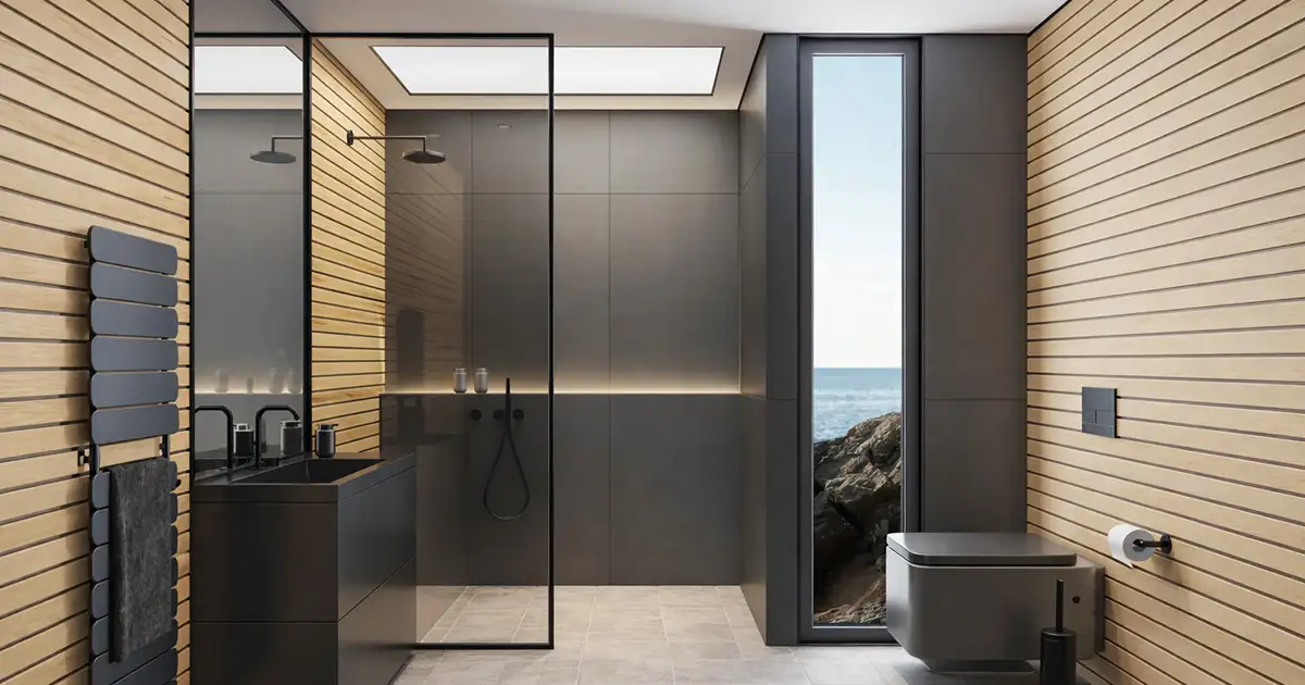 Cabin tắm kính slim Nordic với vật liệu gỗ sáng và ánh sáng tự nhiên