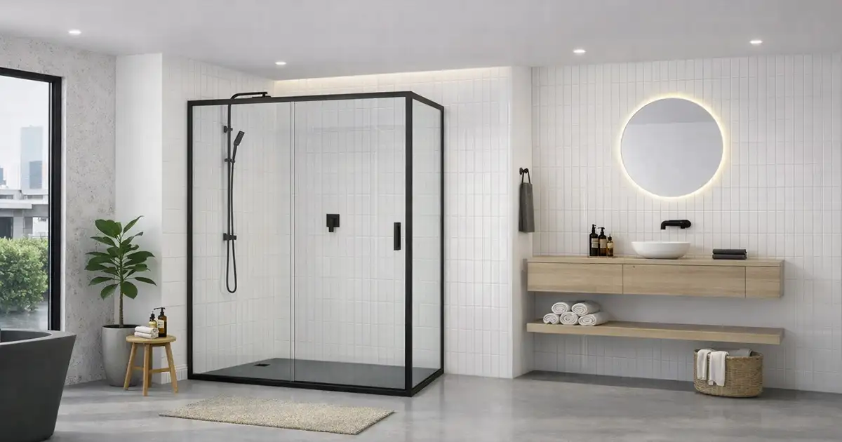 Hai mặt kính vuông góc tạo nên không gian tắm riêng biệt nhưng vẫn giữ sự liền mạch tổng thể