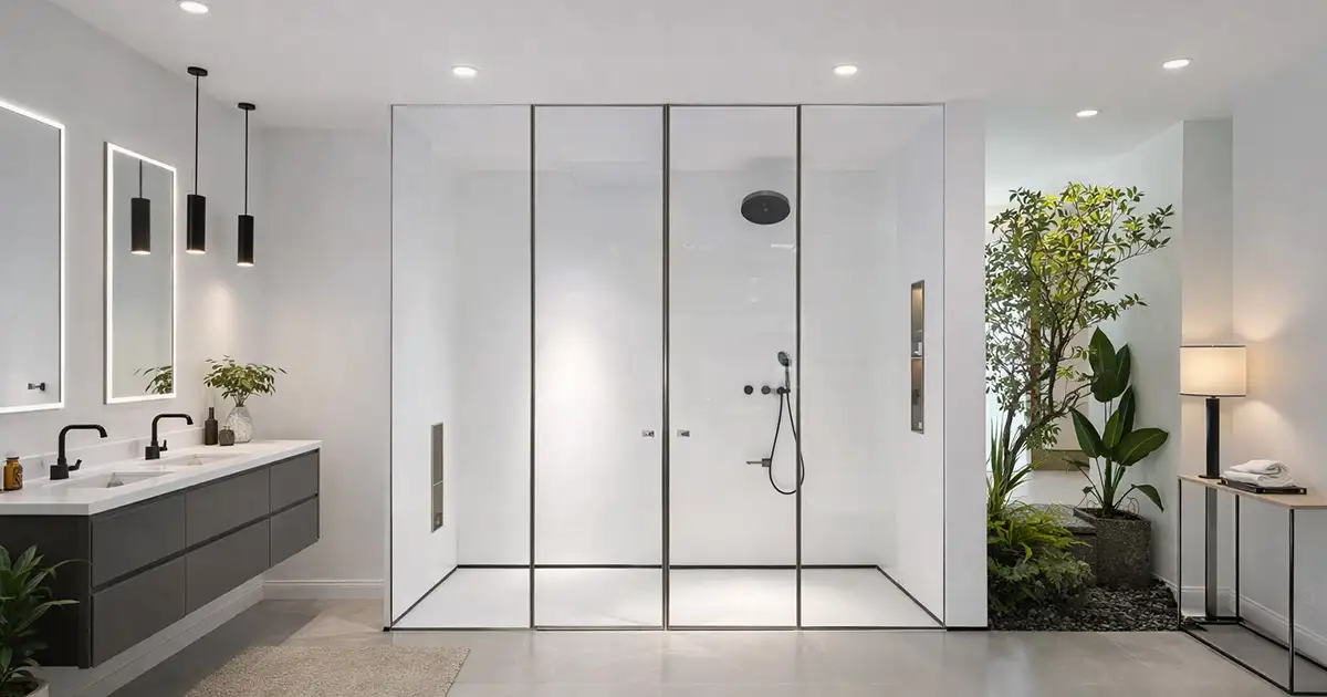 Khi kết hợp với hệ khung slim mảnh, cabin tắm kính slim cửa mở quay vẫn giữ được sự gọn gàng và liền mạch về thị giác