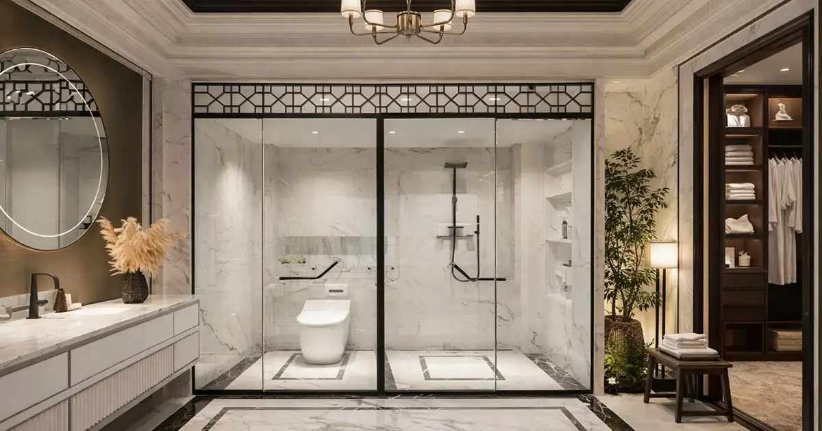Cabin tắm kính slim với tường đá marble và ánh sáng phản chiếu tinh tế